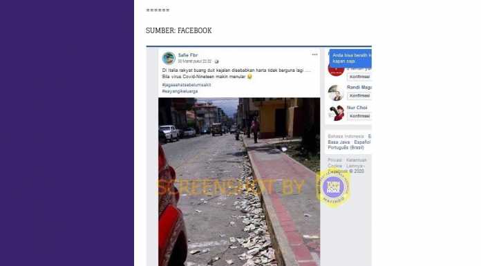 Foto yang diunggah akun Facebook Safie Fbr, menuliskan rakyat Italia membuang uangnya yang dianggap sudah tidak berguna karena virus Corona yang semakin menular.