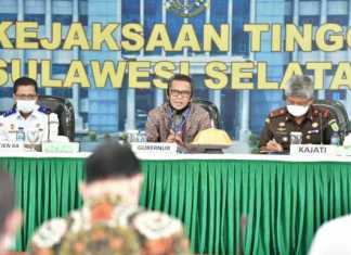 Gubernur Sulsel, Prof Nurdin Abdullah melakukan rapat koordinasi bersama Sekertaris Dirjen Perkeretaapian Kementerian PUPR, Kakanwil BPN, Kejati Sulsel dan Sekprov Sulsel, di Kantor Kejati Sulsel, Jalan Urip Sumoharjo Makassar, Senin 15 Juni 2020.