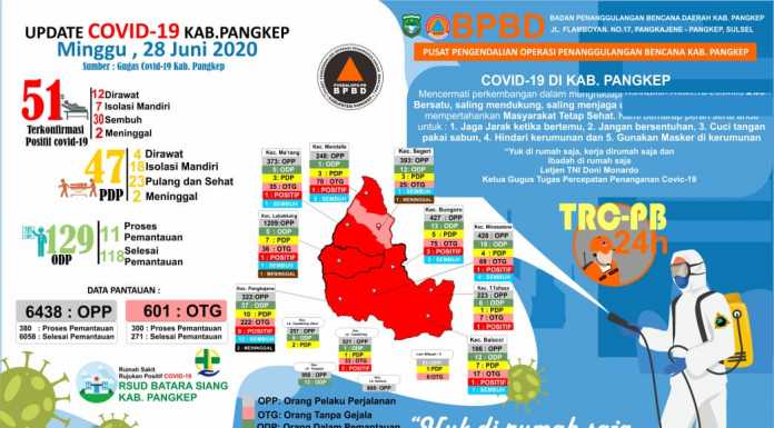 Grafis data Covid-19 Kabupaten Pangkep Sulawesi Selatan, Minggu 28 Juni 2020. (Pusdalops BPBD Kabupaten Pangkep).