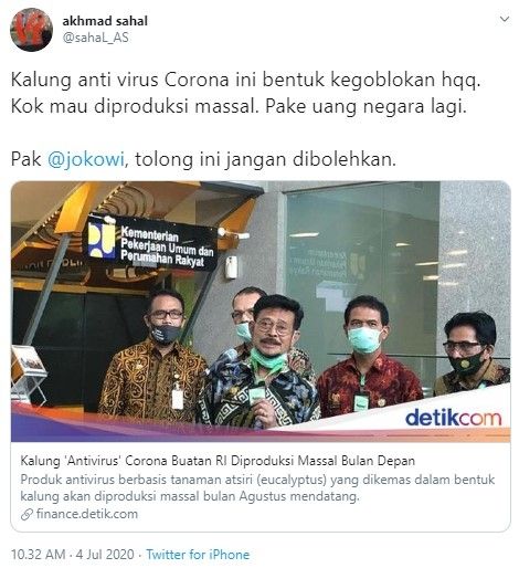 Kementan Produksi Kalung Antivirus Corona, Gus Sahal : Pak Jokowi, Tolong ini Jangan Dibolehkan