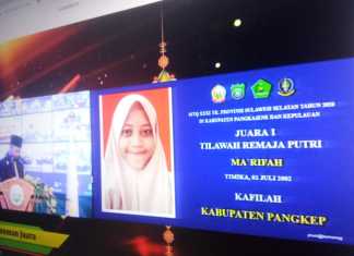 Ma&#Array;rifah kafilah Kabupaten Pangkep cabang tilawah golongan remaja putri berhasil menjadi juara pertama. (Badauni AP/pangkep.terkini.id).