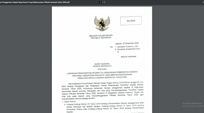 Mendagri Keluarkan Edaran Bagi Gebernur dan Bupati Larangan Penggantian Pejabat Surat edaran Menteri Dalam Negeri.