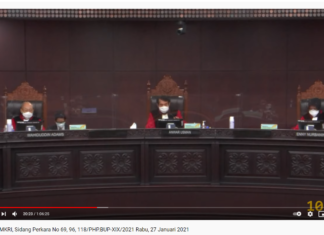 Majelis Hakim Mahkamah Konstitusi ( MK) menggelar sidang pemeriksaan pendahuluan sengketa hasil Pilkada 2020 untuk Kabupaten Pangkajene dan Kapulauan dengan nomor perkara 69, Rabu, 27 Januari 2021.(youtube Mahkamah Konsitusi RI).
