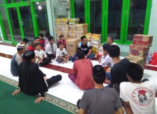Remaja Masjid Raddatul Mudznibien kampung Ujung Loe Kabupaten Pangkep saat mengumpukan bantuan untuk penyintas gempa Sulawesi Barat.(Ist).