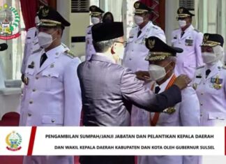 Bupati Pangkep Muhammad Yusran lalogau dan Wakil Bupati Pangkep Syahban Sammana, saat dilantik Gubernur Sulawesi Selatan Nurdin Abdullah, sebagai Bupati dan Wakil Bupati terpilih di Pilkada 2020.(Pangkep.terkini.id/Humas Pmrov Sulsel).