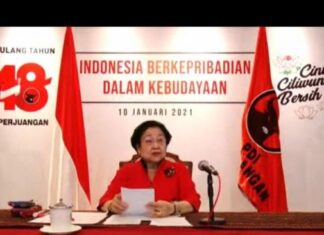 Tangkapan layar Ketua Umum PDIP Megawati Soekarnoputri di acara peringatan HUT PDIP ke-48 yang digelar secara virtual di Jakarta, Minggu (10/1/2021). [YouTube PDI Perjuangan[