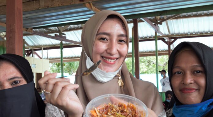 Berbahan Jeruk Padang Lampe Pangkep, Bumdes Ini Olah Makanan Jadi Salad Pamelo Ketua Tim Penggerak PKK Kabupaten Pangkep Nurlita Wulan Purnama menunjukkan salad pamelo yang diolah dari bahan jeruk asal Desa Padang Lampe (Pangkep.terkini.id).