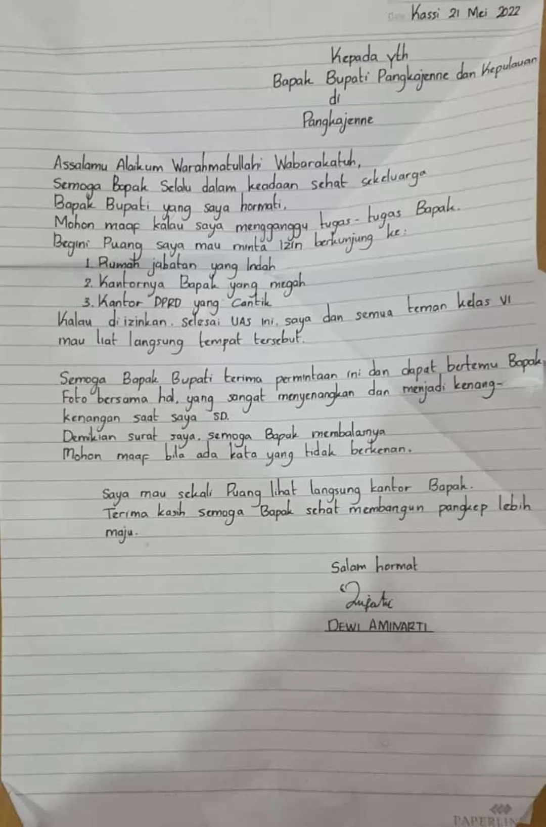 Siswa SD Kirim Surat ke Bupati Pangkep, Ingin Liat Kantor dan Berfoto bersama, Isinya Mengharukan